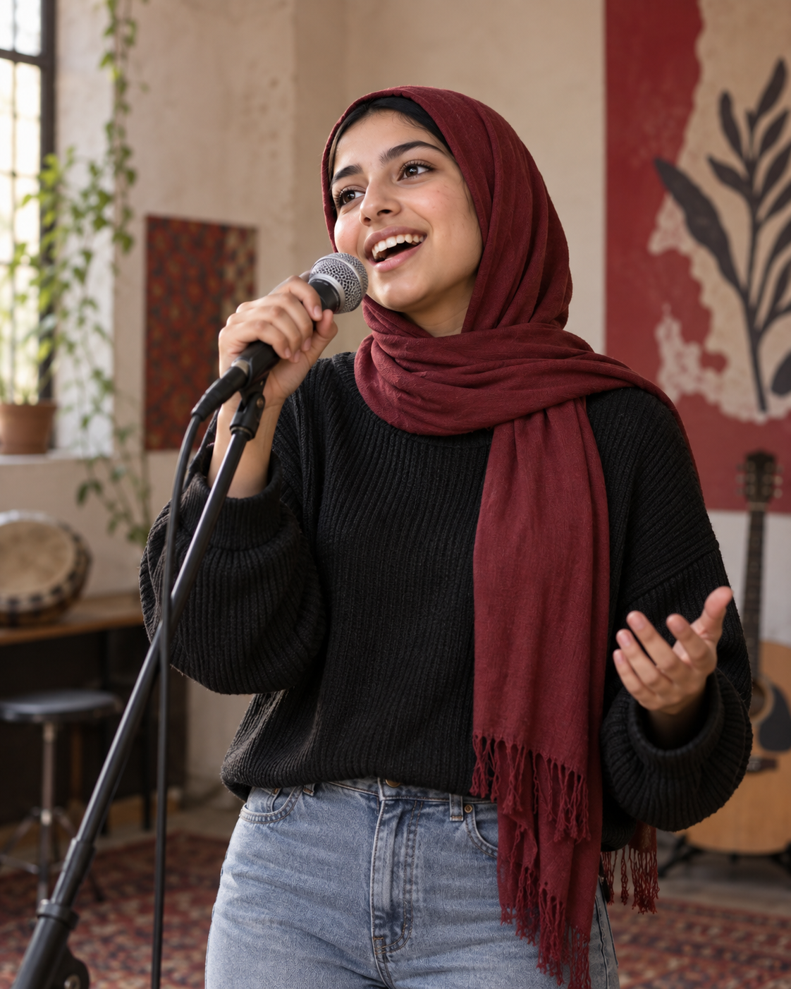 Adolescente chantant au microphone